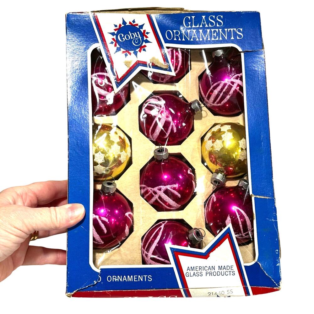 Vintage blown glass Christmas tree ornaments pink gold white flocking lot of 10